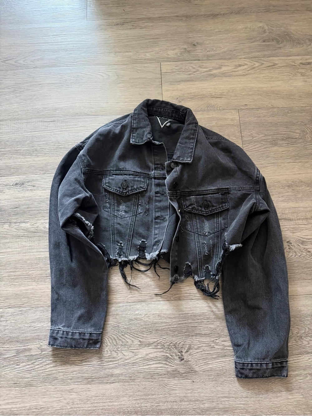 Trio New York Cropped Distressed Black Denim Jacket